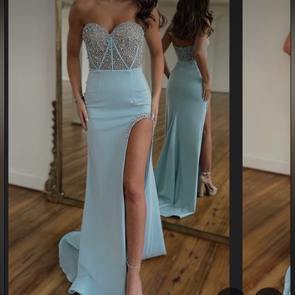 Sherri Hill Powder blue 55320 sweetheart dress embossed with pearls and sequins
